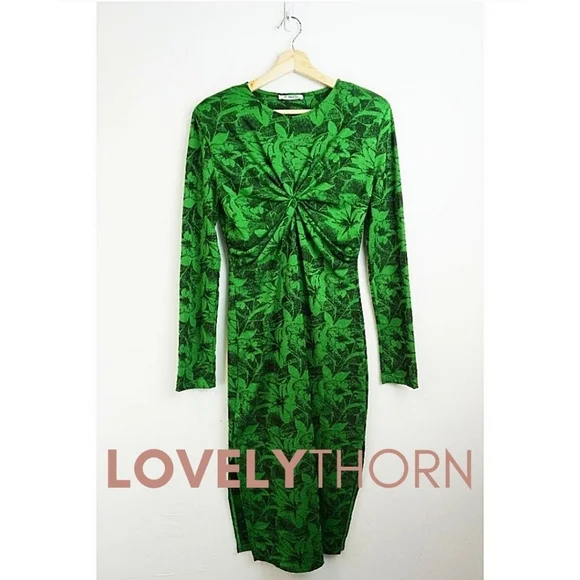 ZARA // kelly green floral printed fitted long sleeve side slit midi dress - Picture 5 of 11